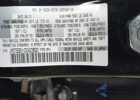 2013 Mazda Cx-9 Sport from USA, damaged, VIN JM3TB2BVXD0423693